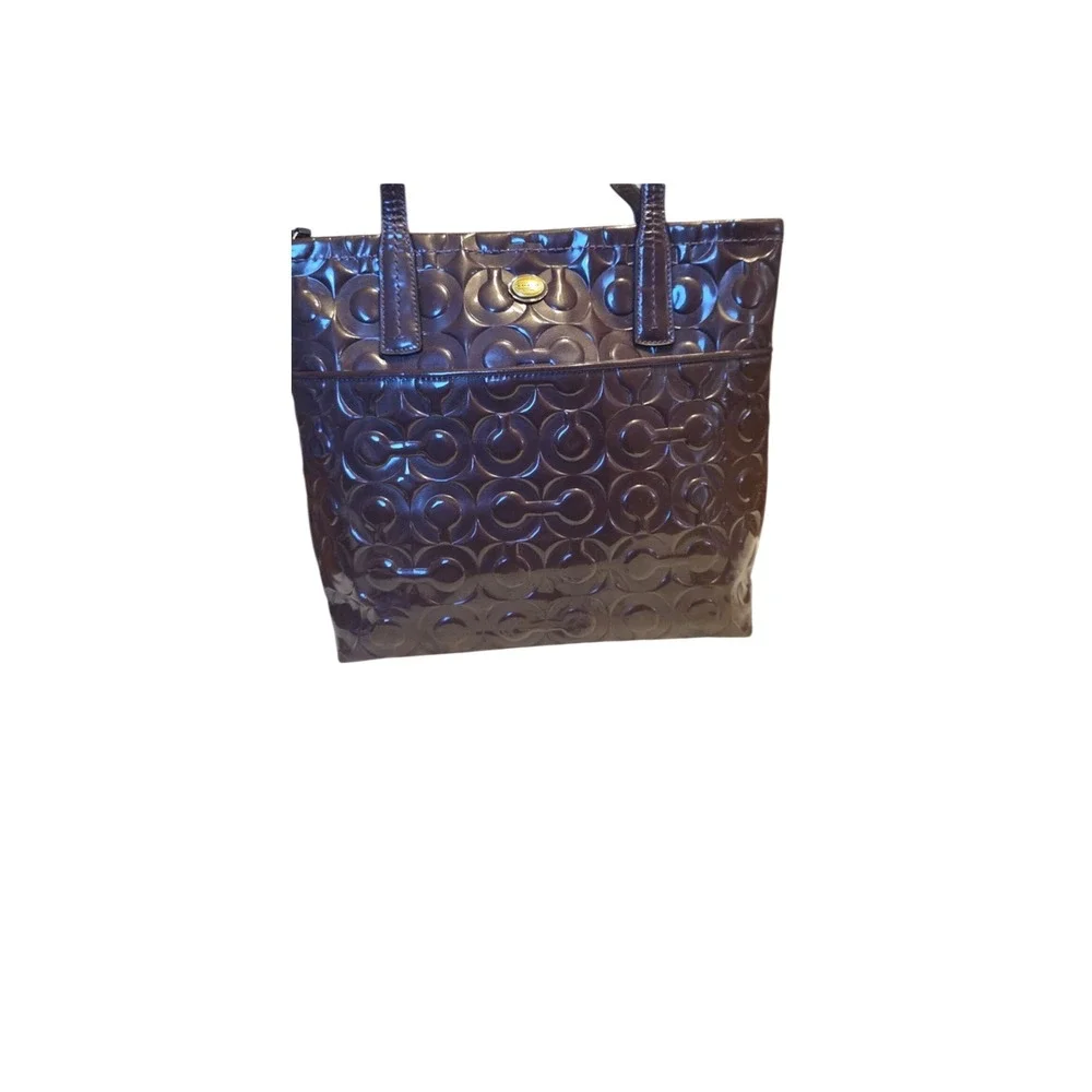 Coach Signature Embossed Patent Leather Tote Bag and Wallet Set Burgundy Plum